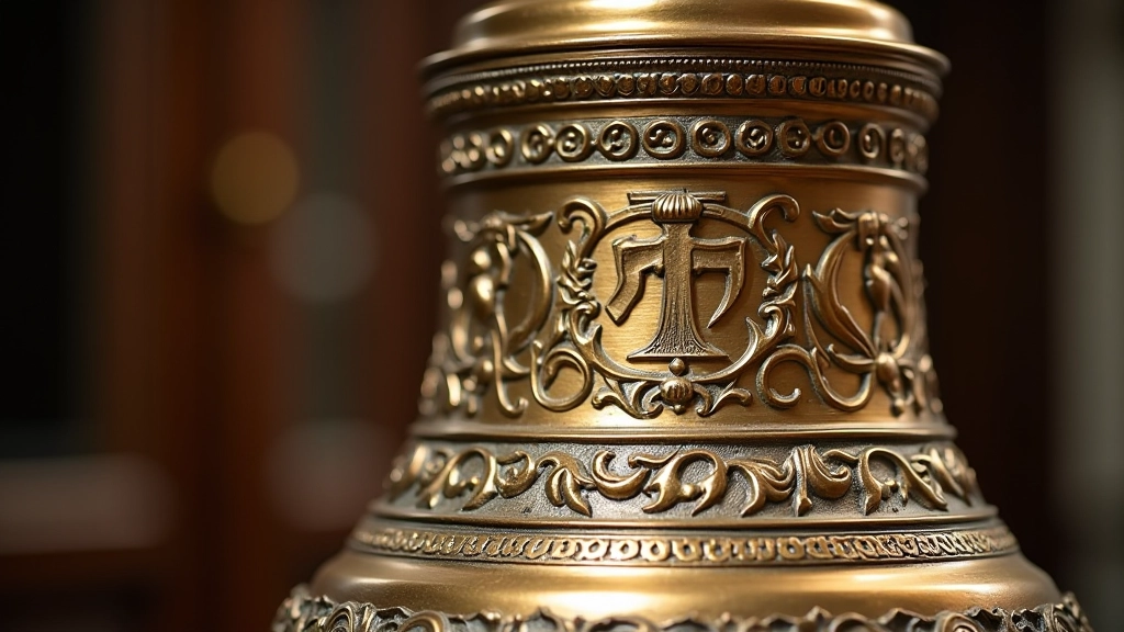 Artimas kadrą varpo, detalė jo paviršiaus su ornamentais ir simboliais, antikvarinės graviūros arba reljefo, metalinės tekstūros