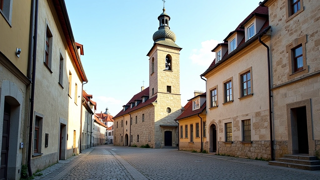 Kėdainių reformatų bažnyčia su varpų bokštu ir senamiesčio akmeniniais pastatais